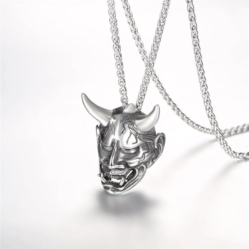U7 Hannya Mask Necklace, Mens Gothic Punk Pendant, Stainless Steel Silver Black Personalized Evil Demon Horn Jewelry Oni Necklaces with 22 Inch Chain