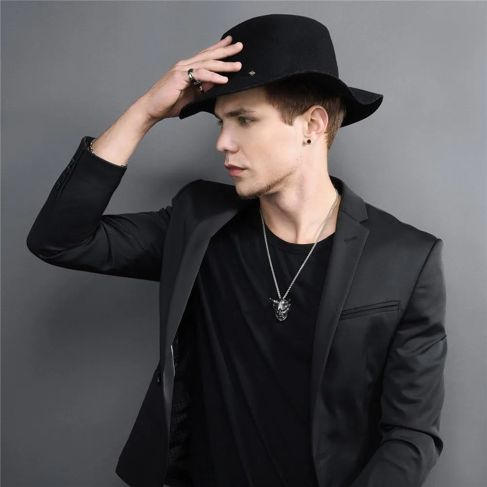 U7 Hannya Mask Necklace, Mens Gothic Punk Pendant, Stainless Steel Silver Black Personalized Evil Demon Horn Jewelry Oni Necklaces with 22 Inch Chain