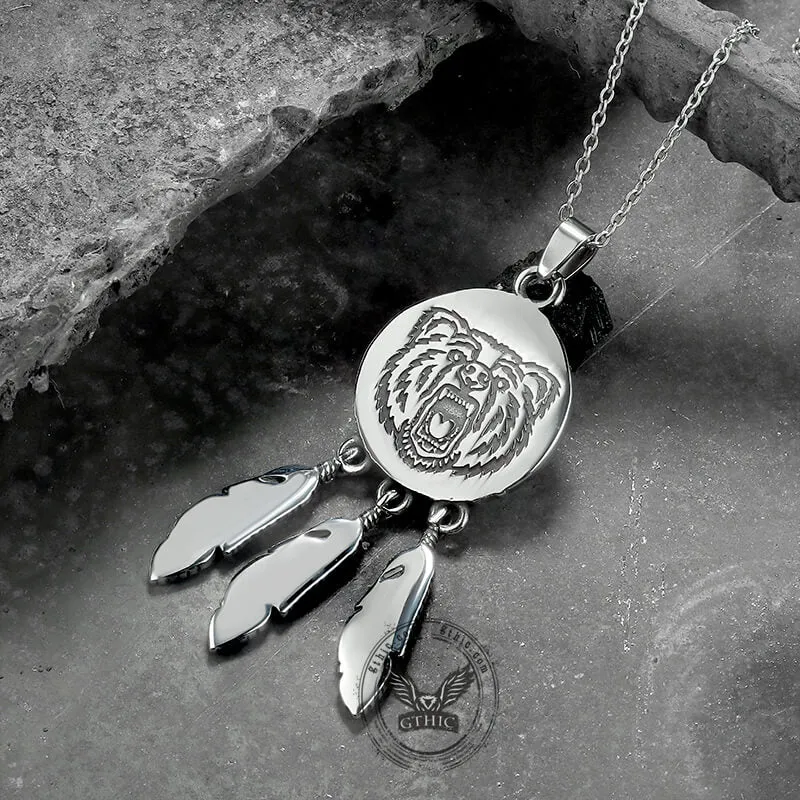 Vintage Feather Bear Head Stainless Steel Animal Pendant