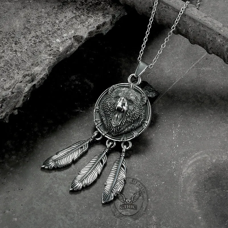 Vintage Feather Bear Head Stainless Steel Animal Pendant