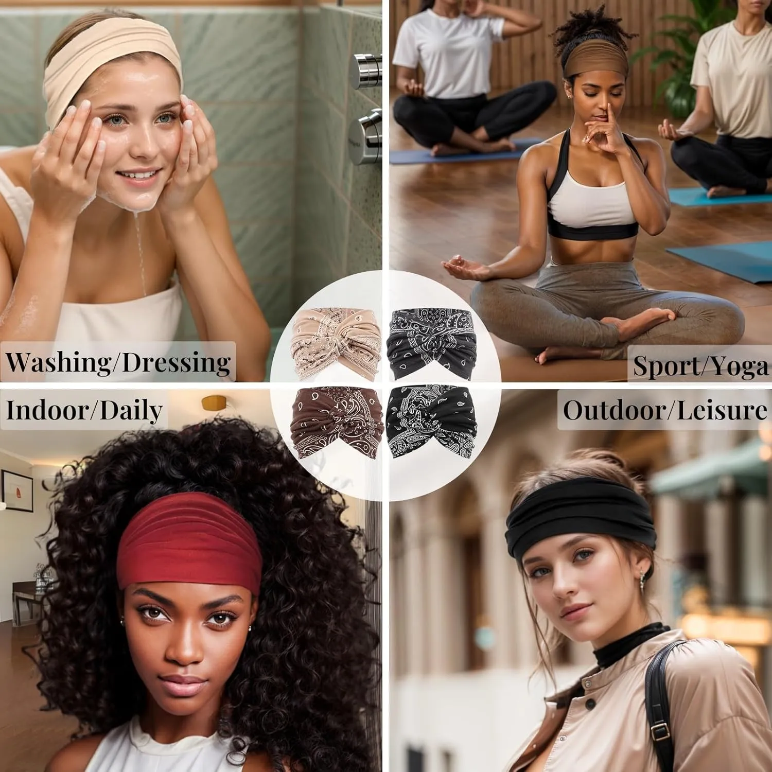 Wide Headbands for Women Yoga Running Sports Headhand Bandana Boho Non Slip Sweat Head Bands Accessories 4 Pack