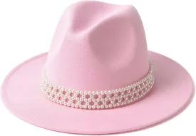 Womens Wide Brim Fedora Hat with Pearl Band Lady Panama Hat