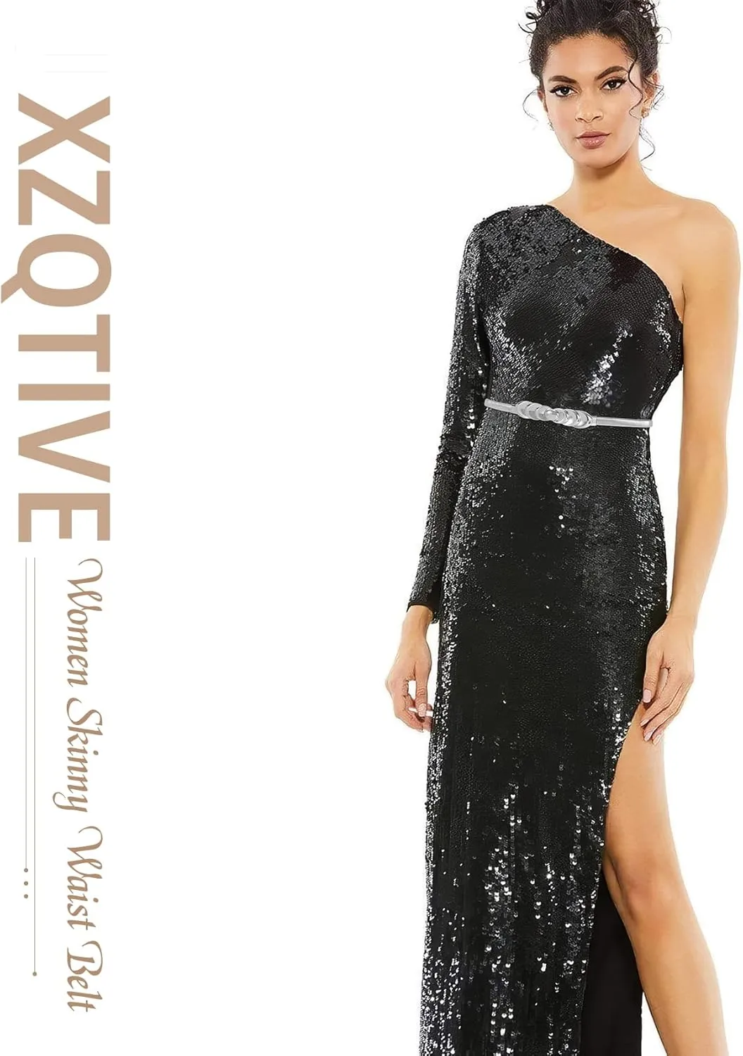 XZQTIVE Women Skinny Metal Chain Waist Belt Stretchy Saree Cinch Belt for Dress Gold Sliver
