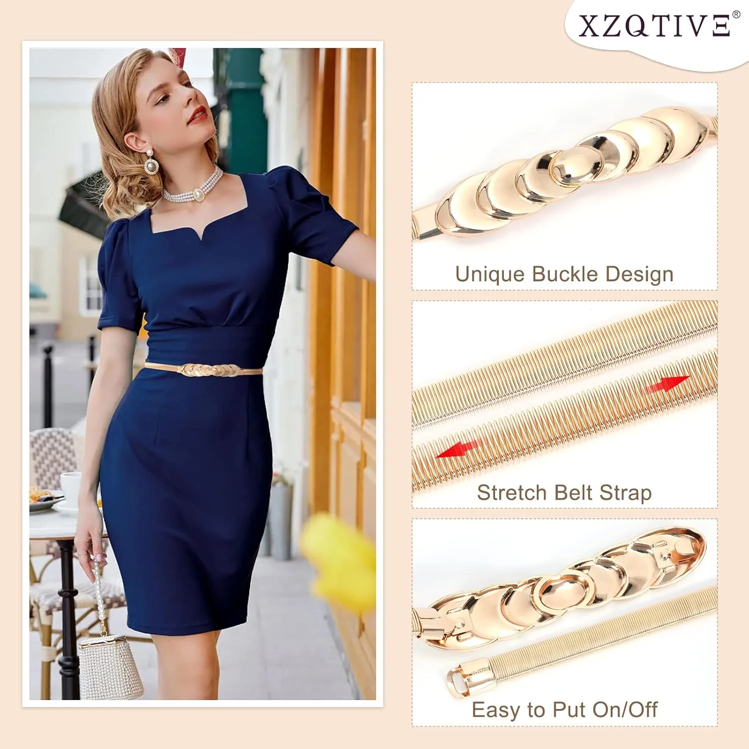 XZQTIVE Women Skinny Metal Chain Waist Belt Stretchy Saree Cinch Belt for Dress Gold Sliver